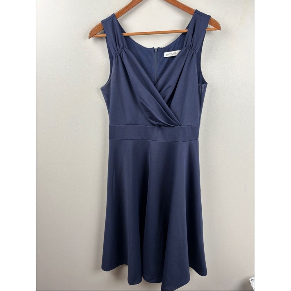 Grace Karin Deep Navy Sleeveless Wrap-Front medium skater Dress Classic formal - Picture 5 of 9